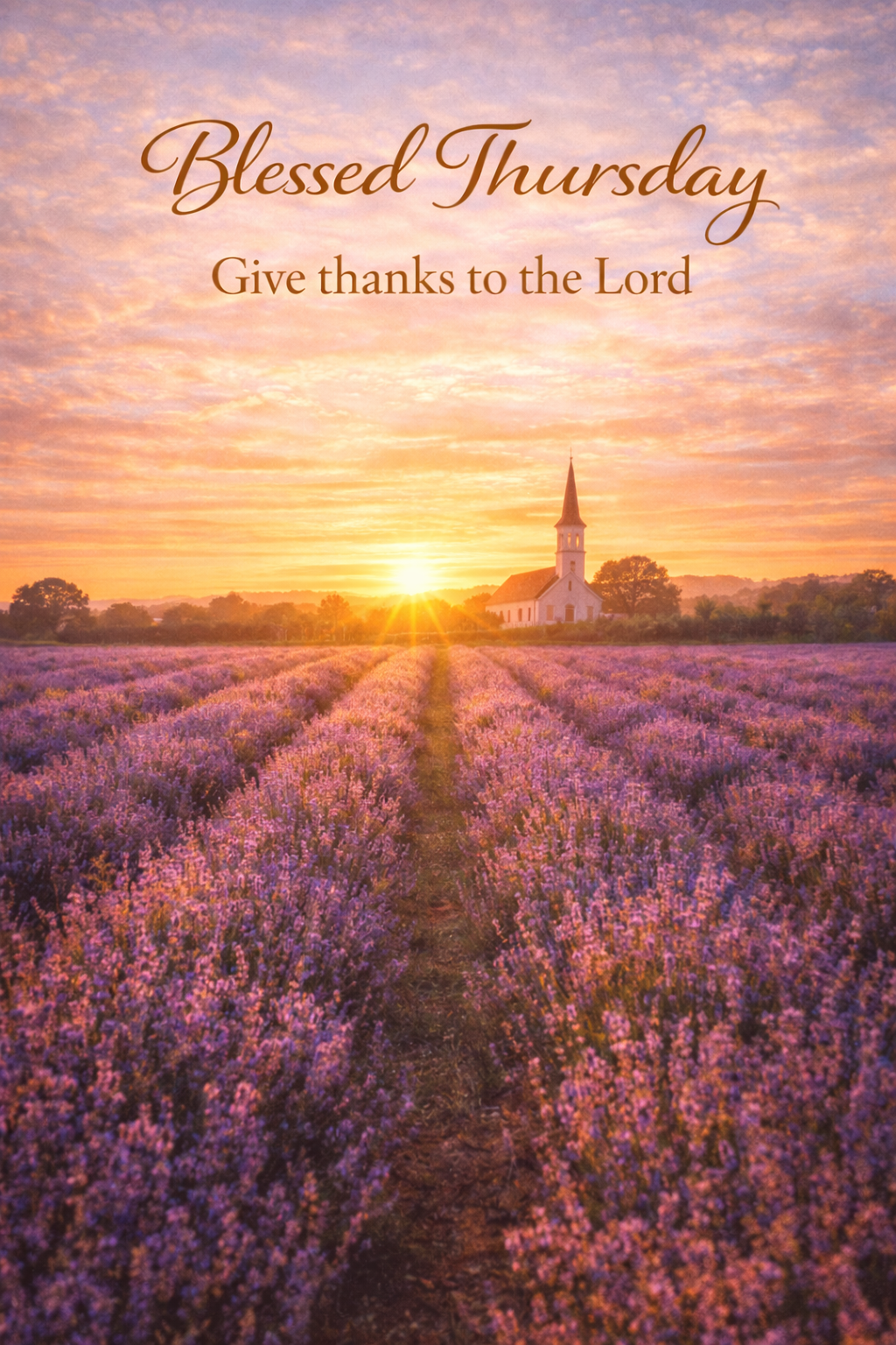 Lavender field leading to a white church at golden sunset, rows of purple lavender glowing in warm light, dramatic sky, text "Blessed Thursday -- Give thanks to the Lord" -- vertical Thursday blessing wallpaper